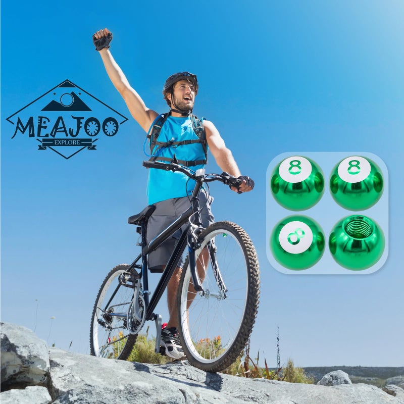 MEAJOO 4 قطع أغطية جذعية لصمامات إطارات حمام السباحة 8 كرات، مجموعة أغطية هواء الإطارات المقاومة للتآكل ومانعة للتسرب من سبائك الألومنيوم، عالمية للسيارات والشاحنات والدراجات والدراجات النارية وأغطية إطارات الدراجات (أخضر) - Image 4